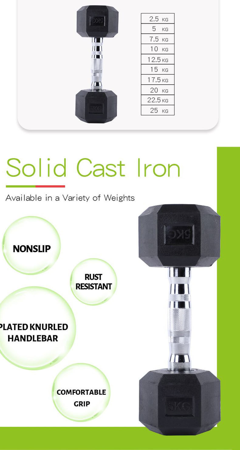 Шестигранная гантель с черным резиновым покрытием